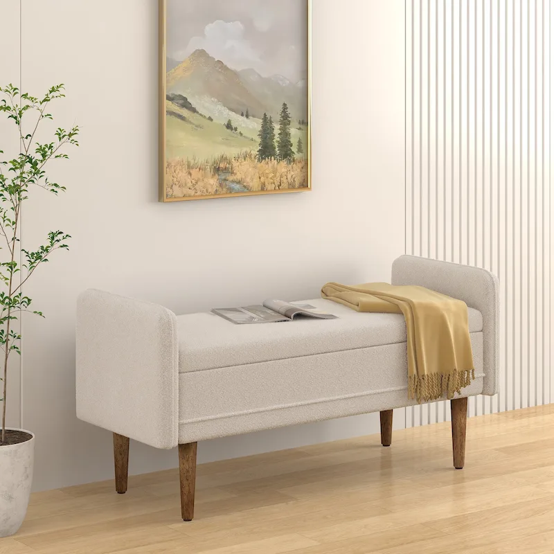 Beige / Green / Black Linen Storage Bench, 2-Person, with Hidden Storage