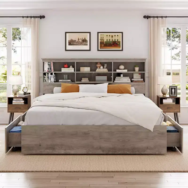 King Size Storage Bed 1000LBS with Bookcase Headboard & 4 Dust-Proof Drawers, Steel Frame, 6-Wheel Glide, Quick Assembly, 89.378.951.2, Gray
