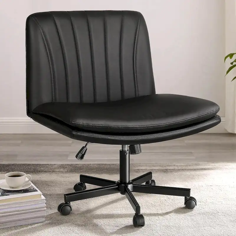 Cross Chair with Wheels,PU Leather Armless Cross Legged Office chair, Adjustable Wide Seat Task Vanity Chair