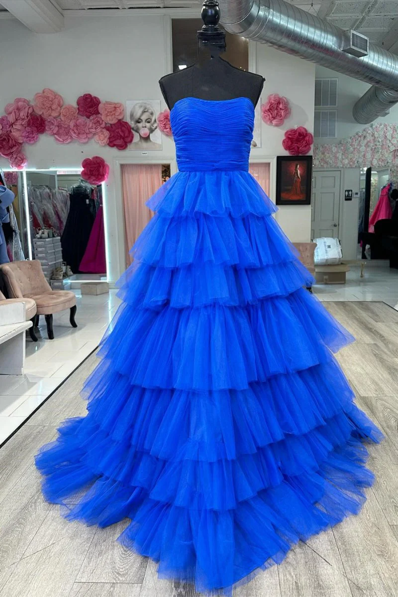 A-Line Strapless Tiered Tulle Prom Dress with Ruffles