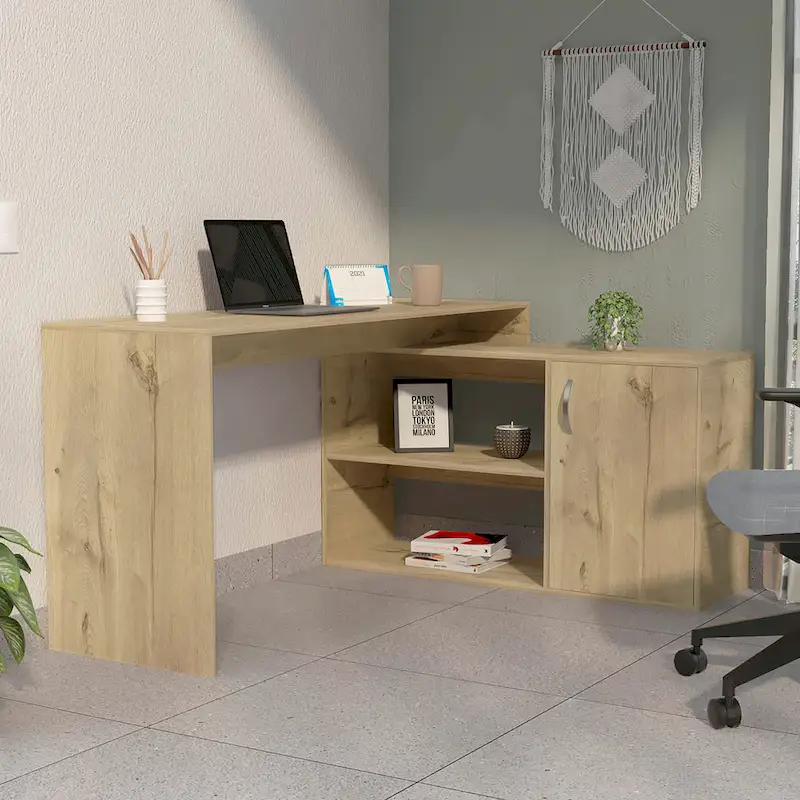 L-Shaped Home Office Desk with Two Shelves and Single Door Cabinet