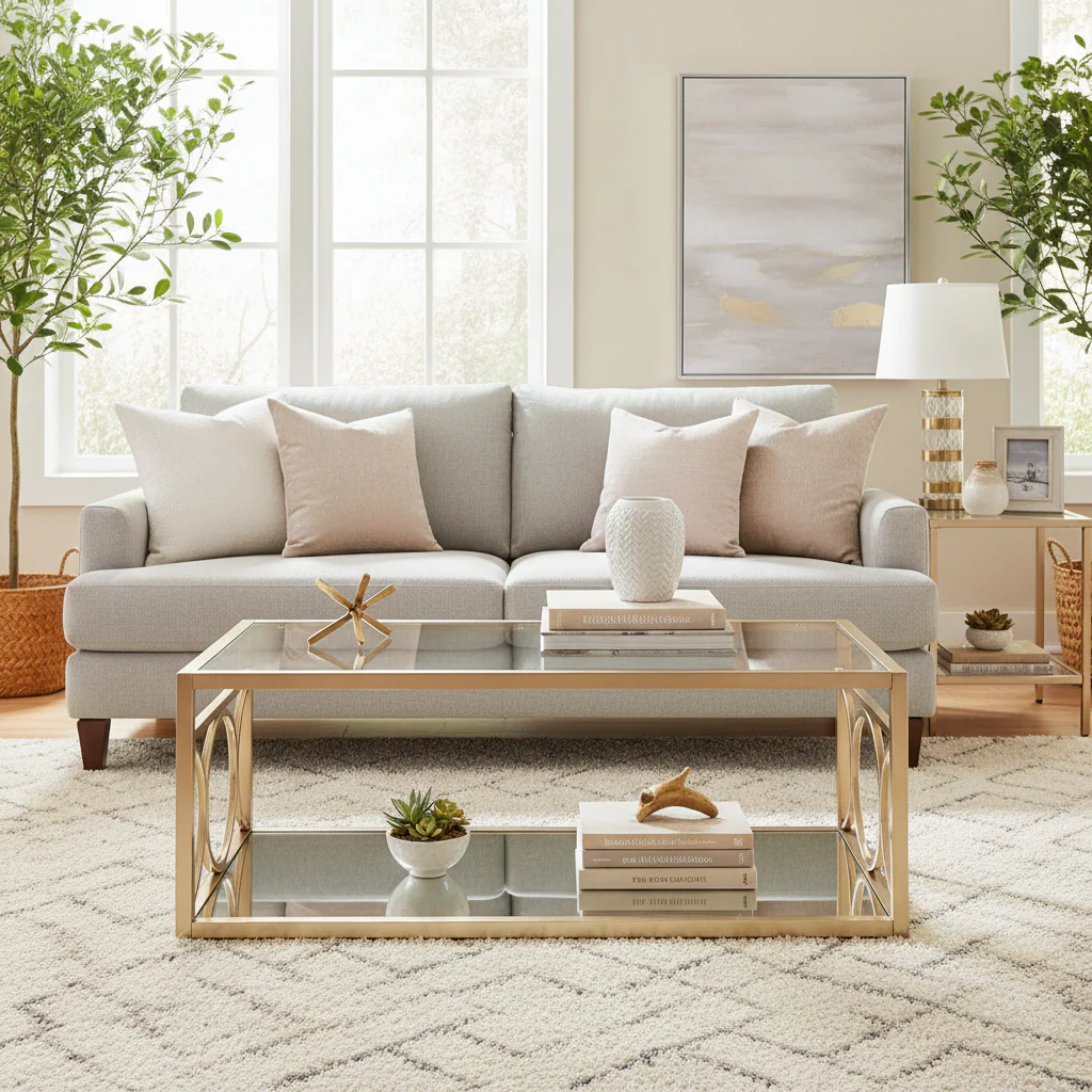 Gold Metal & Tempered Glass Coffee Table with Mirror Shelf – Gold