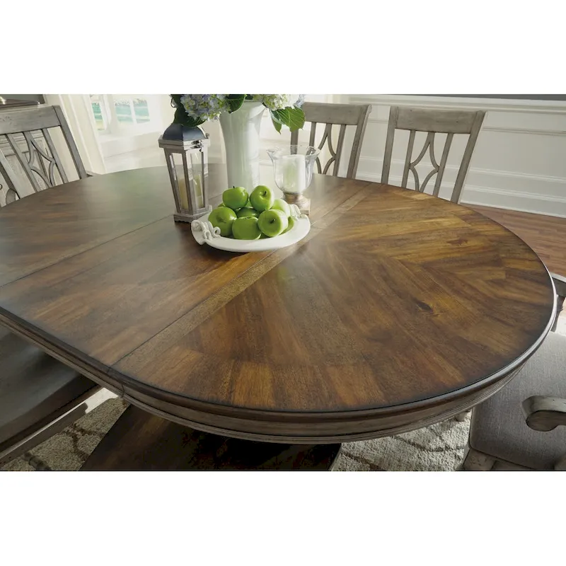 Gray and Brown Wood Pedestal Dining Table with Leaf - 54 Inch Expandable for 4-6 People