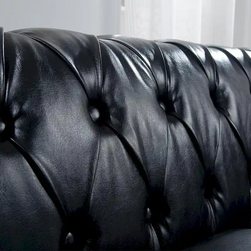 Tufted Sofa - Faux Leather, Rolled Arms Design, Seats 3