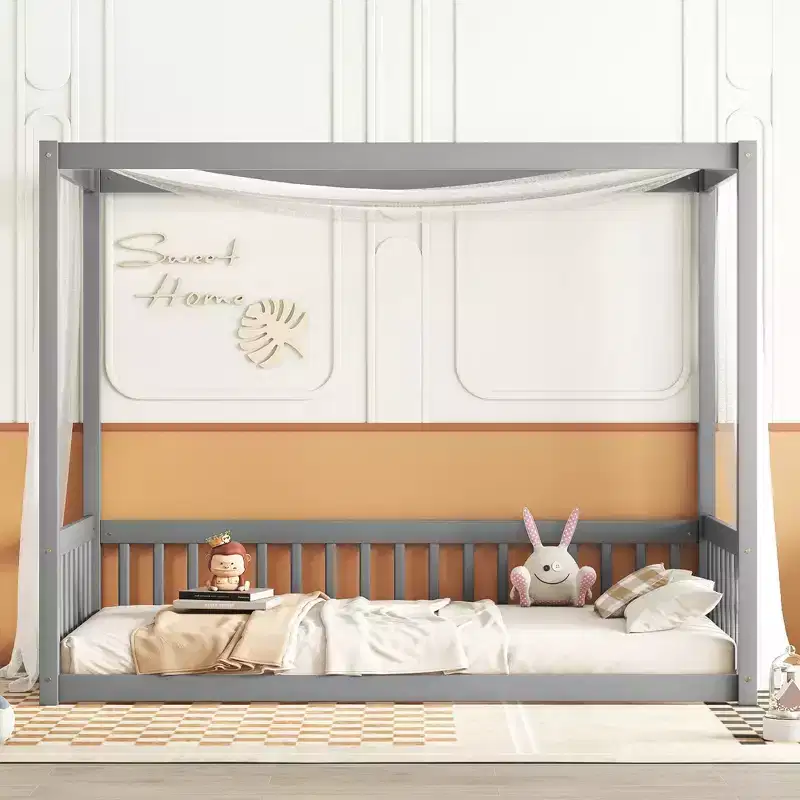 Twin Size Canopy Bed Floor Bed Wooden Bed Frame with Fence, Natural/Gray/White-ModernLuxe
