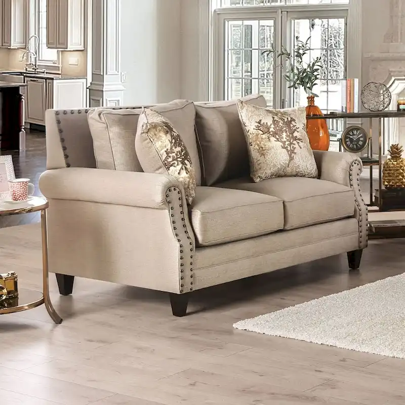 Traditional Beige Solid Wood Padded Loveseat