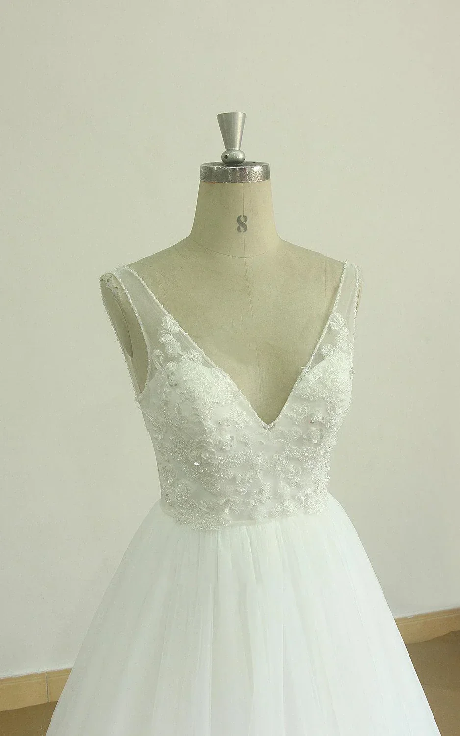 A-Line V-Neck Chapel Train Sleeveless Deep V Back Tulle Appliques Weddig Dress