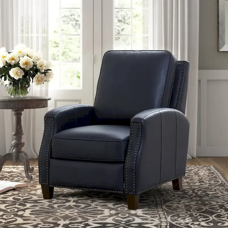 Push Back Recliner Chair, Faux Leather, Half-Round Arms, Nailhead Trim, Tapered Wood Legs, High-Density Foam, Saddle Brown / Midnight Blue, 1-Person Use