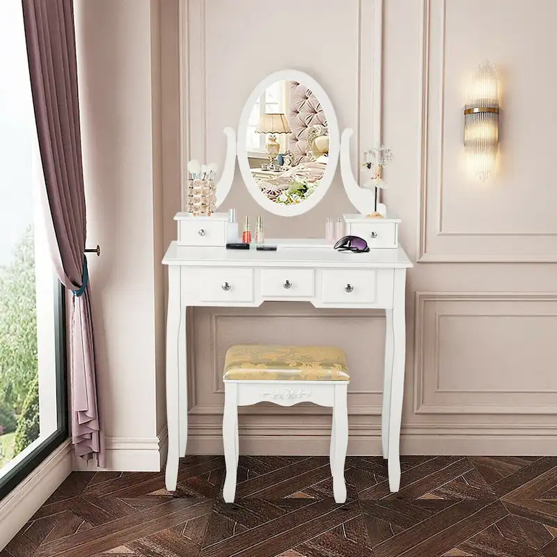 Costway Vanity Table Dressing Table 5 Make Up Table Stool
