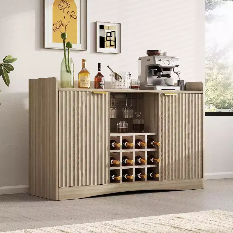 47 Fluted Wine Bar Cabinet w/ 12 Wine Racks & 9 Glass Holders, Modern 2-Door Liquor & Coffee Sideboard Buffet w/ Storage for Dining Room