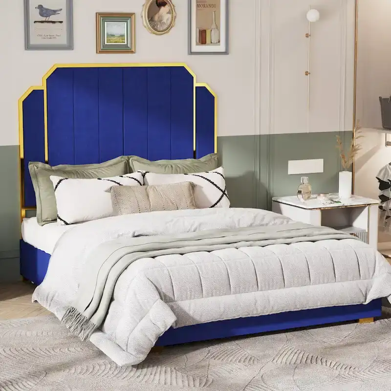 Gold & Blue Velvet Queen Bed Frame with Channel Headboard, 2-Person