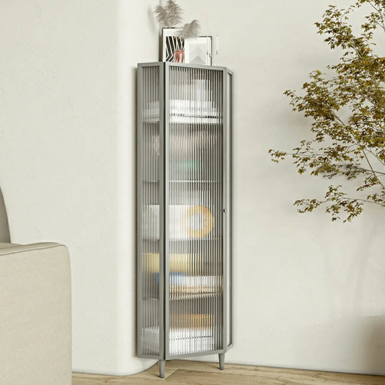 Modern Iron White Fluted Glass Storage Corner Cabinet