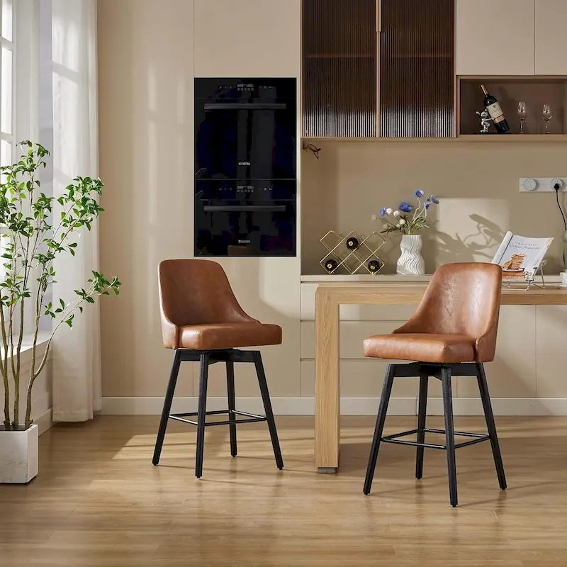Swivel Bar Stools Set of 2, Counter Height Upholstered Barstools with Back and Wood Legs