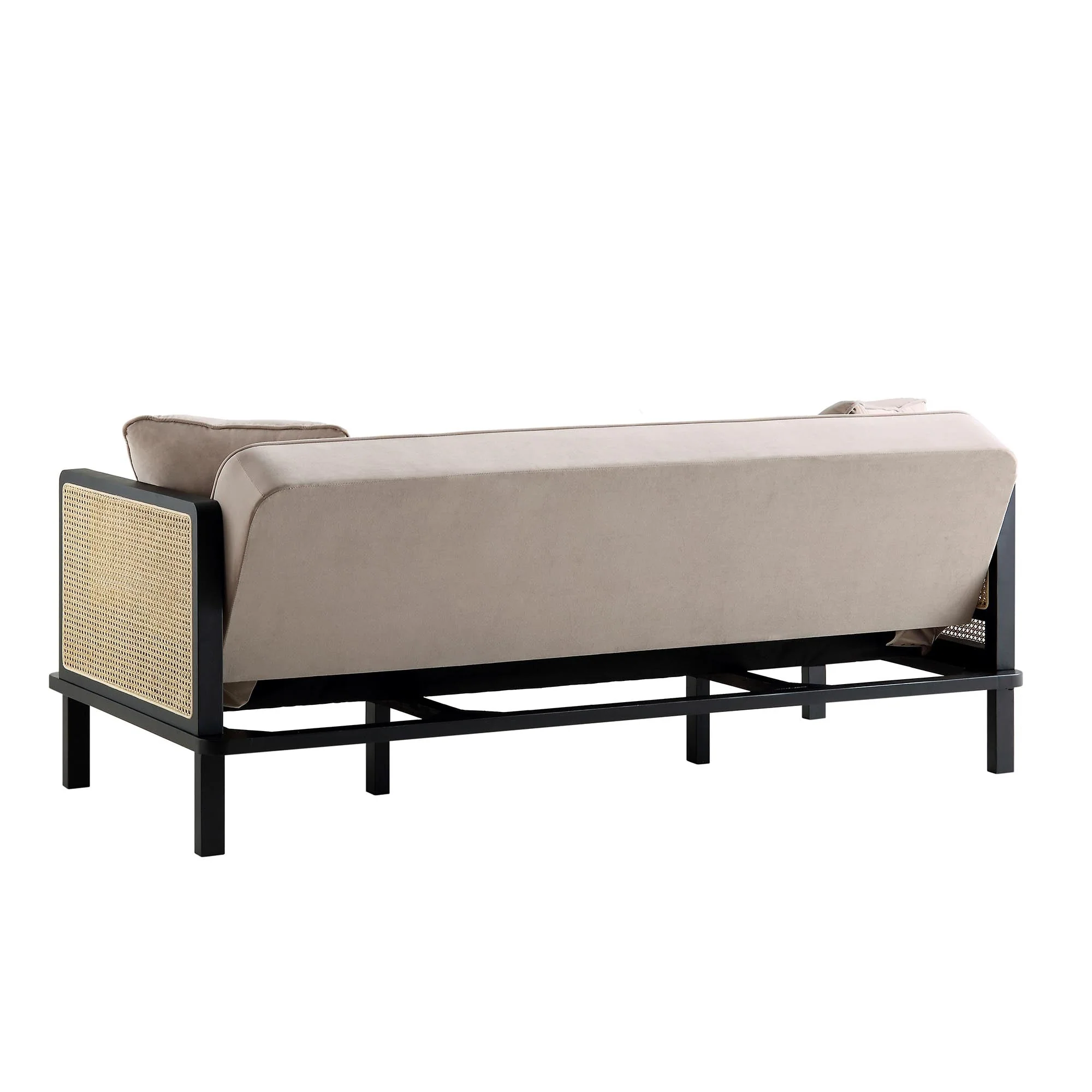 Solid Wood and Cane Sofa Bed, Taupe Velvet with Black Frame