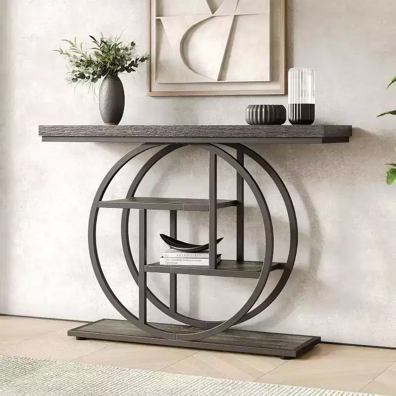 Lantine 41.3-Inch Industrial Console Table, 4-Tier Sofa Table with Circle Base and Storage for Living Room, Hallway, Foyer