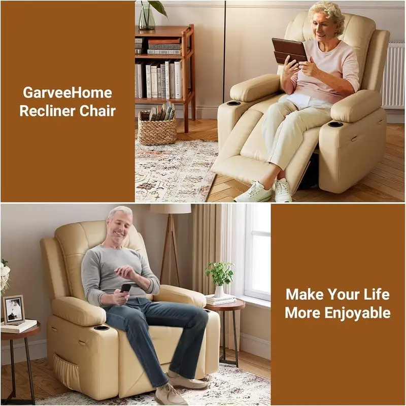 Power lift recliner chair with massage, cup holders, and side pocket.