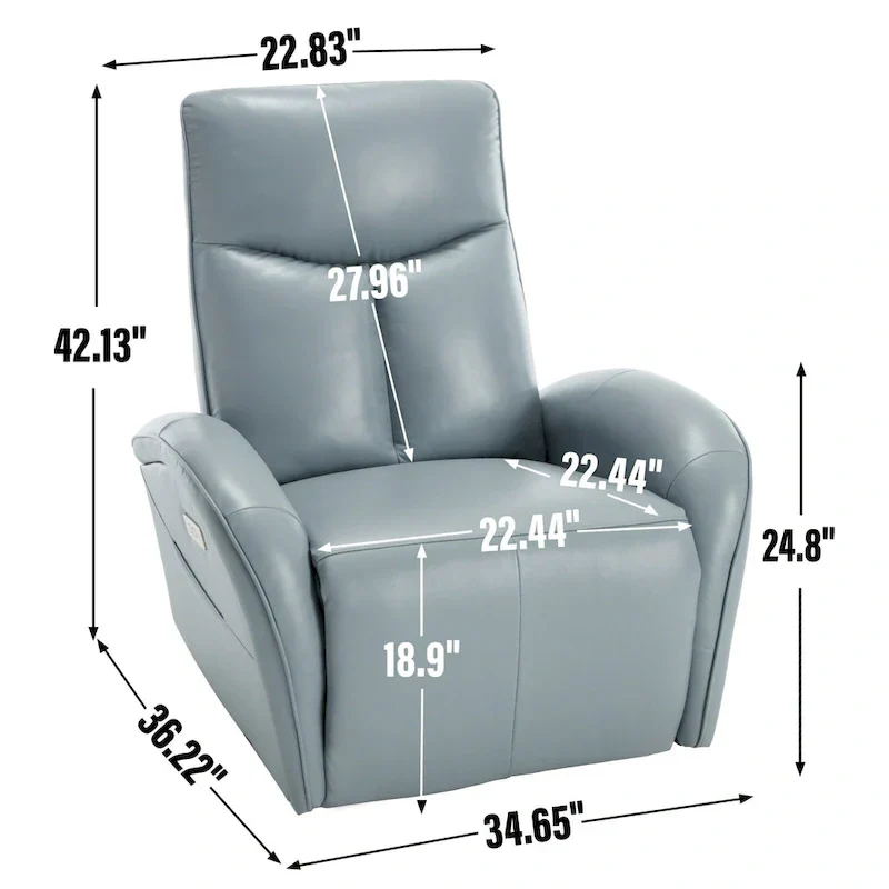 Blue Genuine Leather Power Recliner with Swivel & USB Charging
