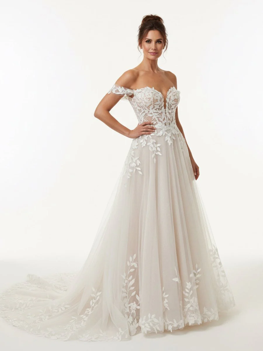 A-line Lace Beach Wedding Dress with Off Shoulder Tulle Appliques