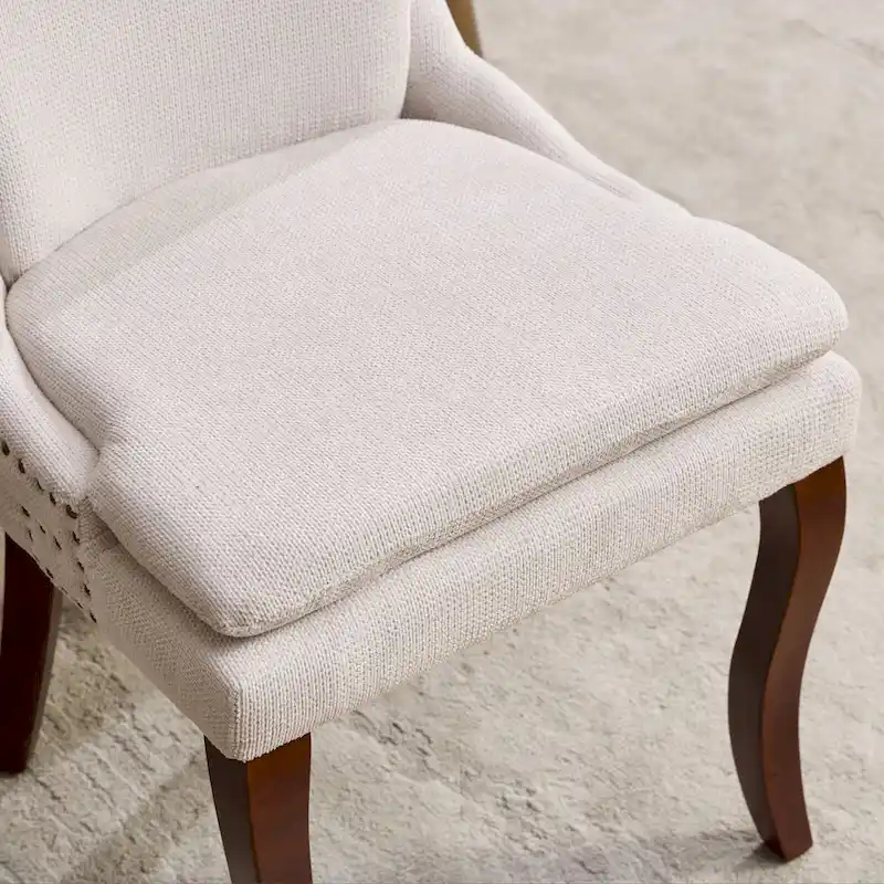 Double-layer Cushioned Dining Chairs Set of 2 Chenille Mid-Back Chair with Nailhead Trim Side Chair with Bent Wood Legs