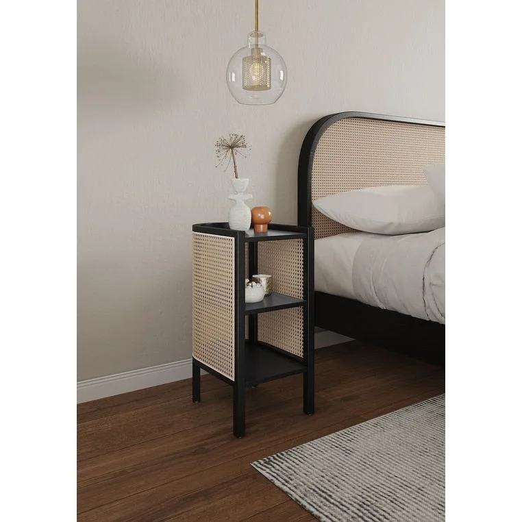 Manhattan Comfort Versailles End Table in Black and Natural Cane