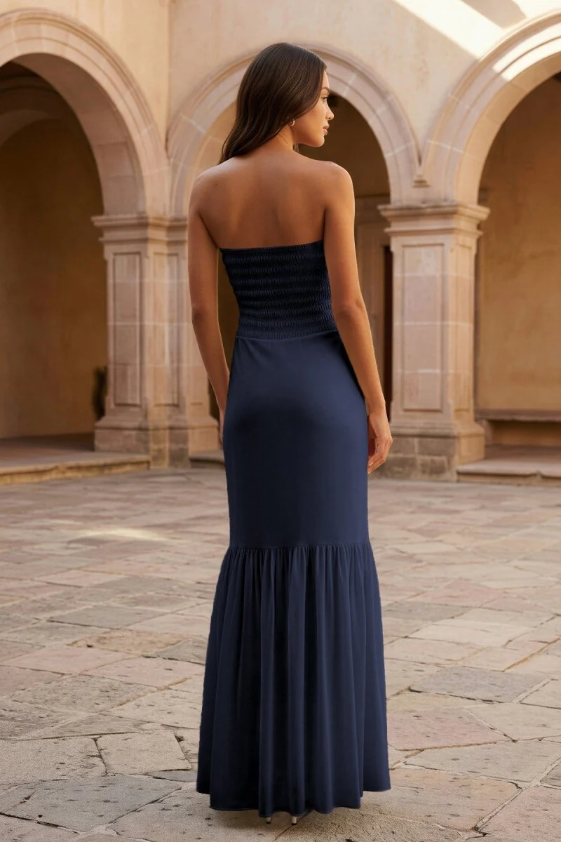 Yellow Strapless Sheath Chiffon Long Prom Dresses With Ruffles