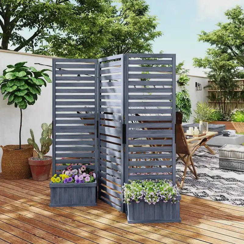 Outdoor Privacy Screen with 4 Raised Garden Beds & Drainage Holes, Patio Planter