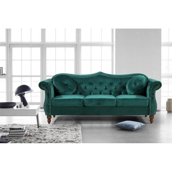 Crushed Velvet Chesterfield Sofa with Nailhead Trim – Blue / Grey / Ivory / Green, Button-Tufted, Seats 3