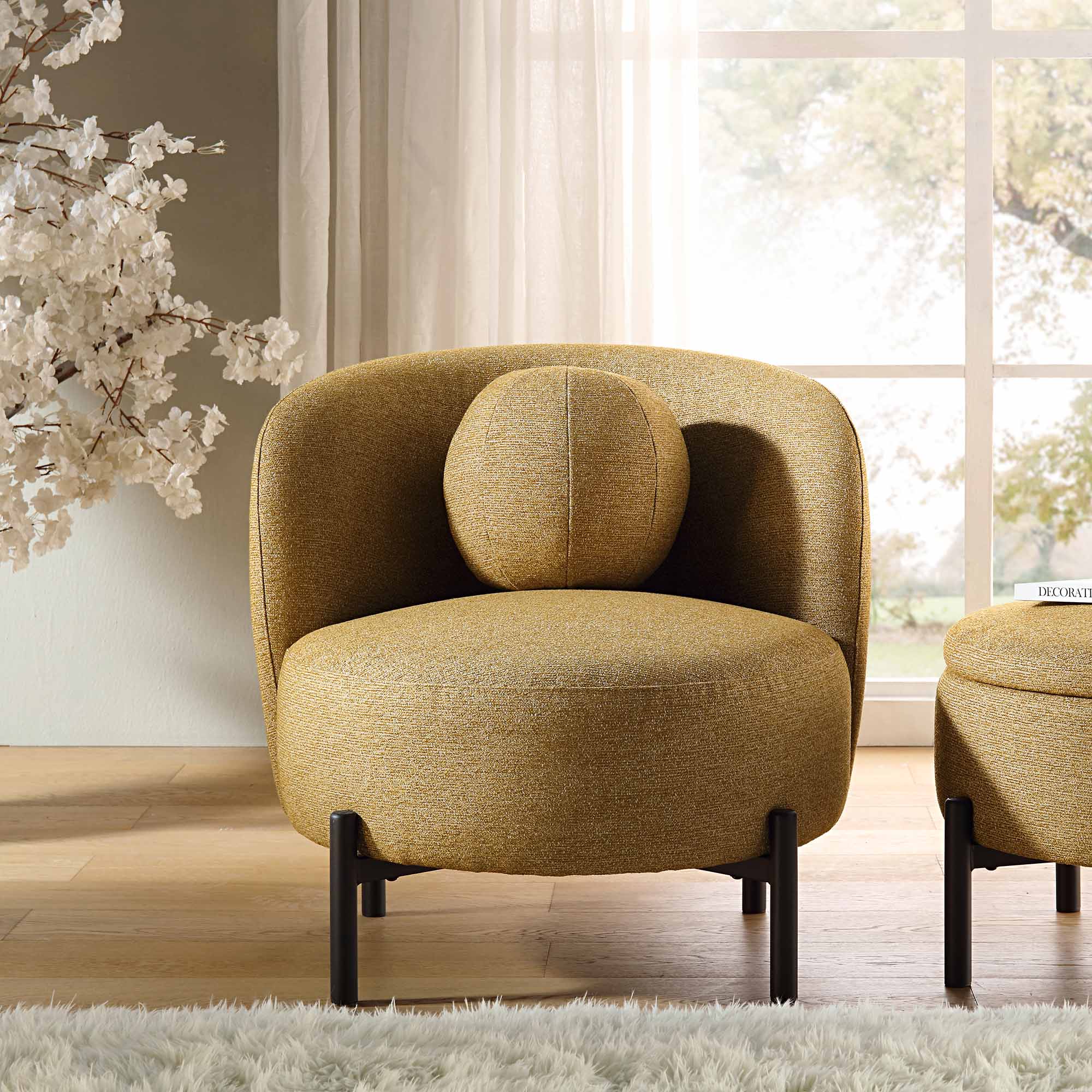 Armchair with Ball Cushion, Marigold Textured Fabric