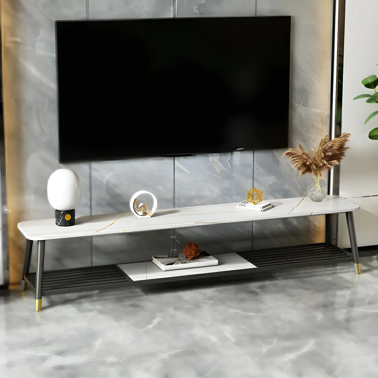 Modern White Stone TV Stand with Open Shelving