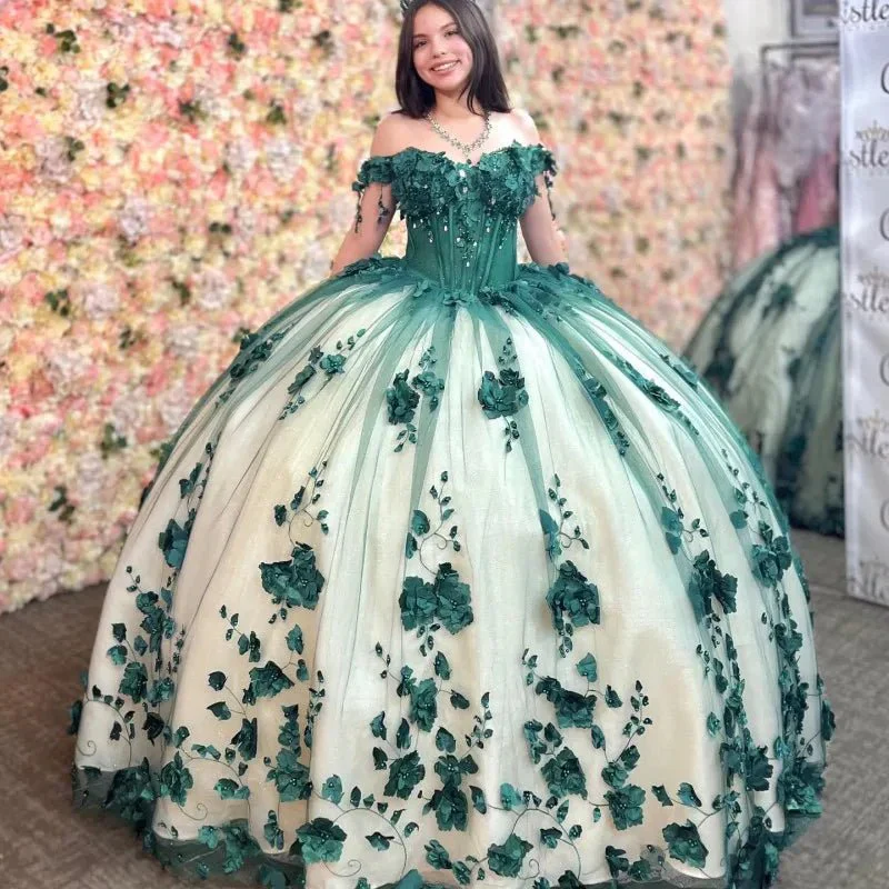 3D Flowers Off Shoulder Tulle Appliques Beaded Quinceanera Dress