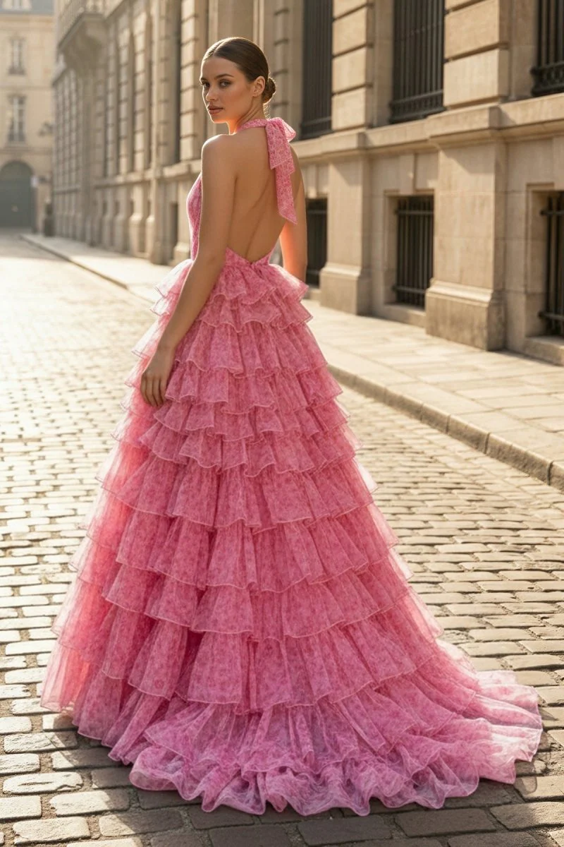 Pink Halter Tulle Printed Ruffle Tiered A Line Prom Dresses