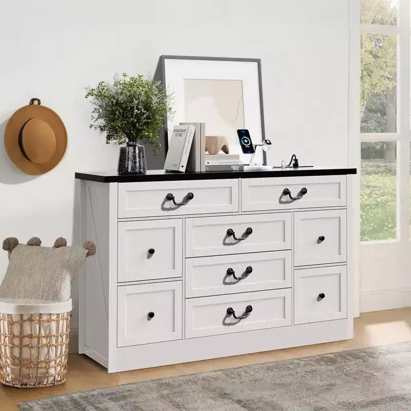 Farmhouse Dresser for Bedroom 9 Drawer Dresser with Charging Station, 55 Wood Chest of Drawers with Rustic Handles, Storage Dressers Organizer