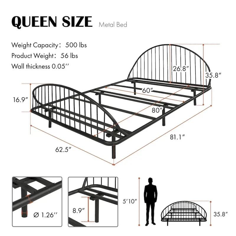 Furniture of America Duke Curved Metal Powder Coated Bed Frame, No Box Spring Needed