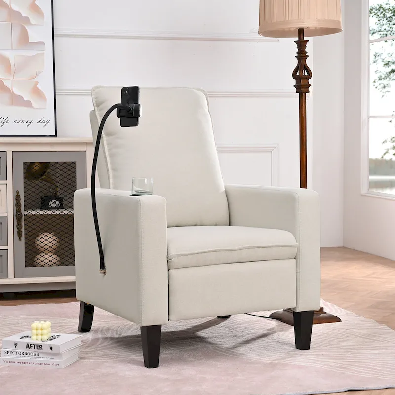 Beige Fabric Adjustable Recliner Chair with Phone Holder & Cup Holder – 1-Seat
