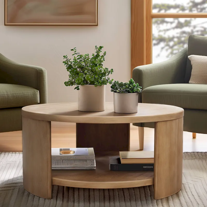 Natural Round Wood Coffee Table with Fixed Shelf, Single