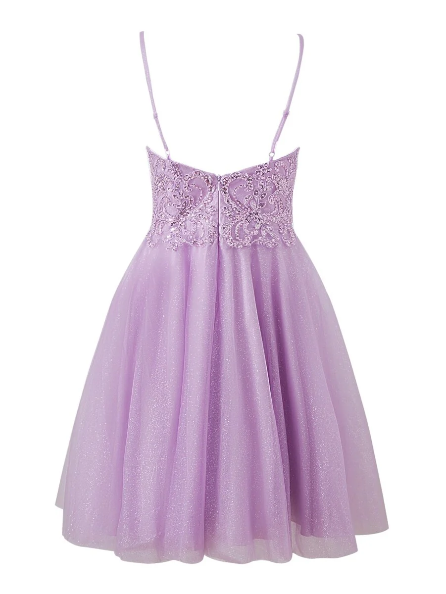 A line Short Spaghetti Strap Glitter Tulle Homecoming Dress
