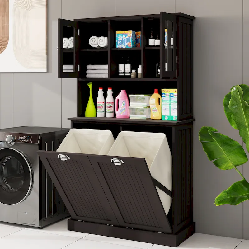 Two-Compartment Tilt-Out Dirty Laundry Basket Tall Bathroom Cabinet