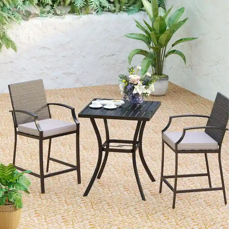 MAISONARTS 3/5-Piece Patio High Bar Stool Set Rattan Chair Back Cushioned High Bar stool & Steel High Table