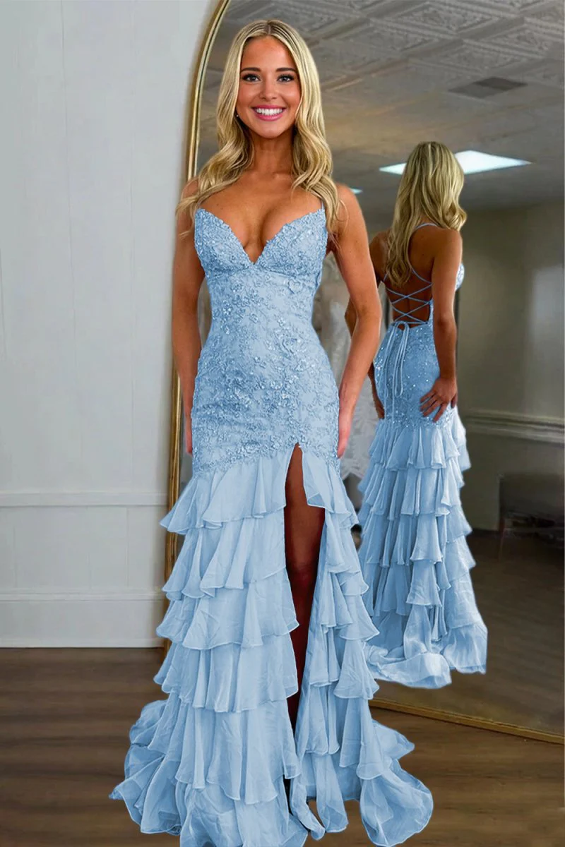 Sky Blue - Spaghetti Straps Mermaid Lace Appliqued Prom Dresses With Ruffles
