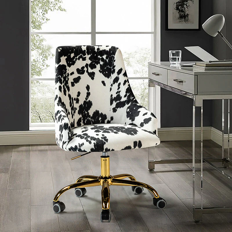 Cowhide Print Fabric Office Chair with Adjustable Height, Arms & Gold 5-Star Metal Base | Black Cowhide / Cowhide | Single Seat