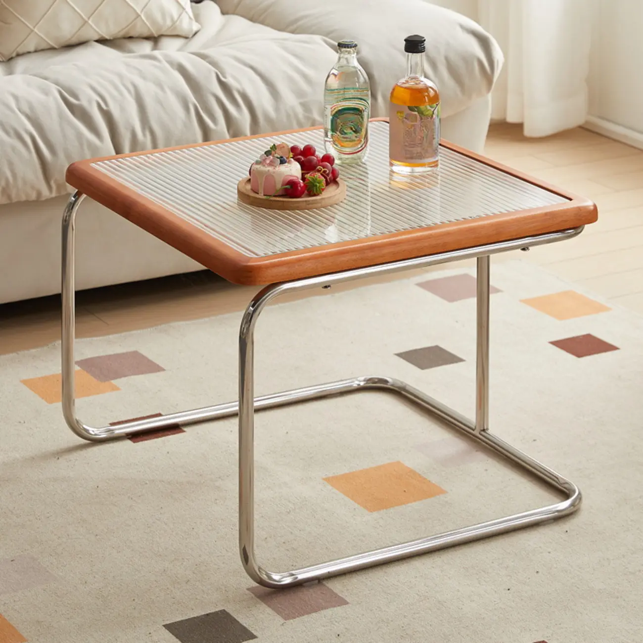 Cherry Finish Rattan Glass Square Nesting Coffee Table