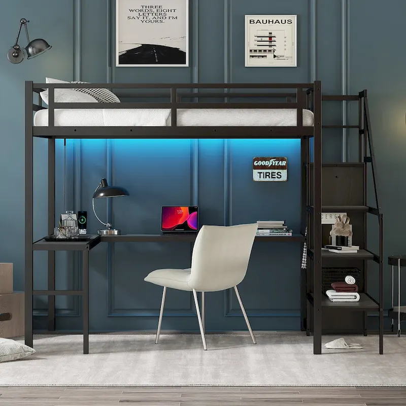 Modern Loft Bed with L-shaped Desk, Wardrobe and USB Ports
