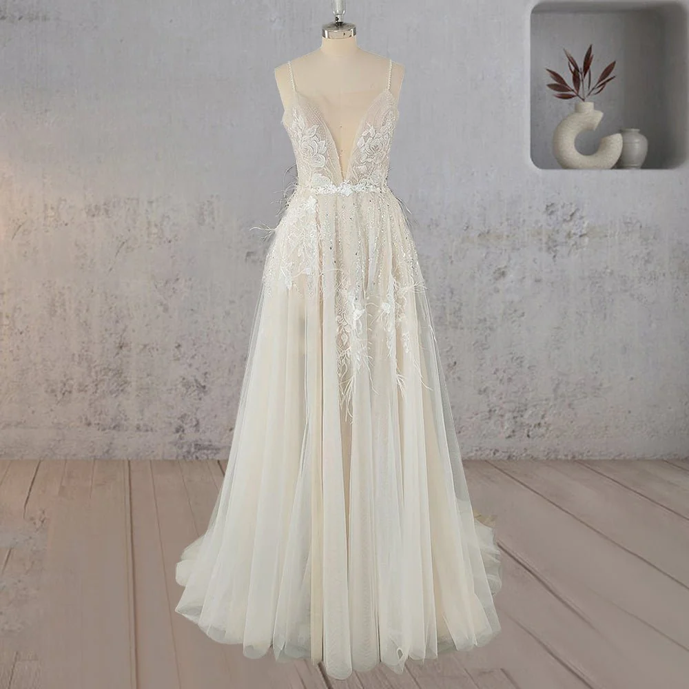 Spaghetti Straps Appliqued Lace Wedding Dress with Feathers