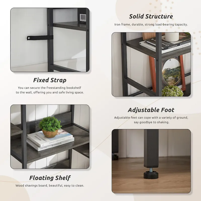 Triple Wide 5-shelf Bookshelves Industrial Retro Wooden Style Home and Office Large Open Bookshelves