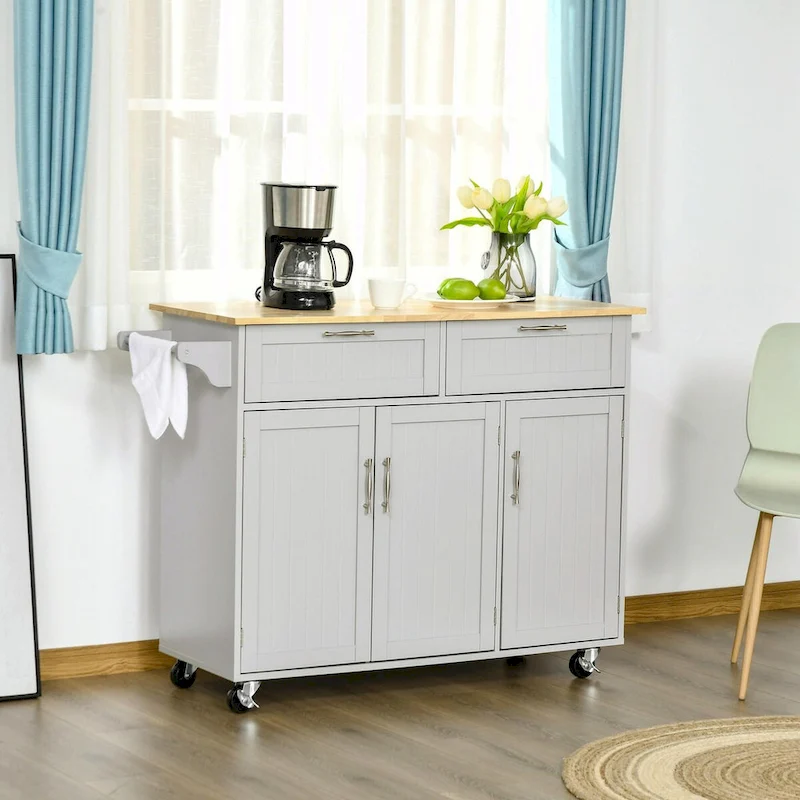 Mobile Kitchen Island with Wood Top, Drawers, Cabinets, Adjustable Shelves, and Towel Rack