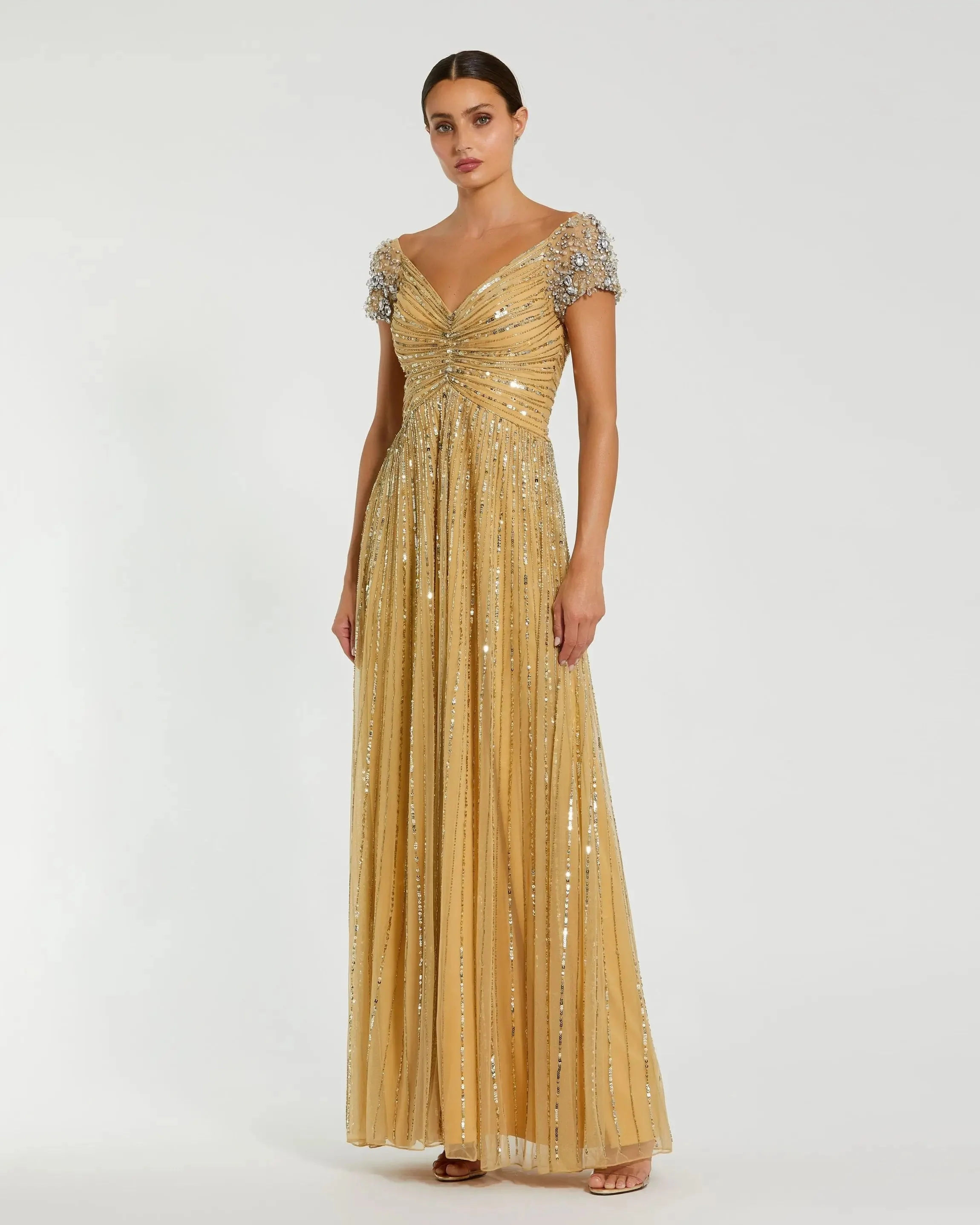 Gold Sequined Evening Gown With Embellished Shoulders