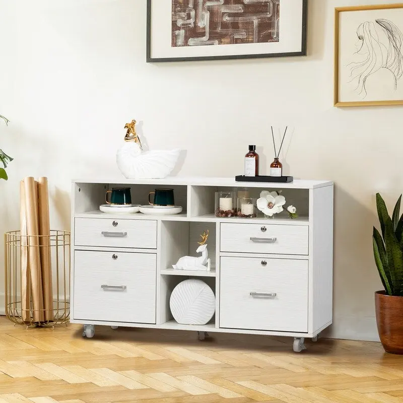 4-Drawer Mobile Wood File Cabinet with Shelves and Locking Wheels