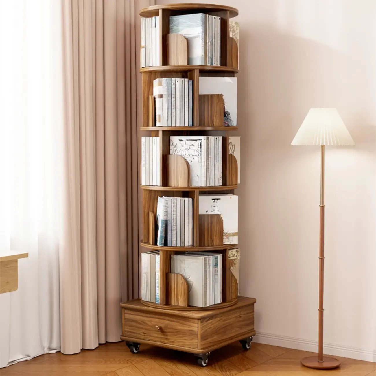 Narrow Wood 5-Tier Revolver Sliding Bookcase with Drawer
