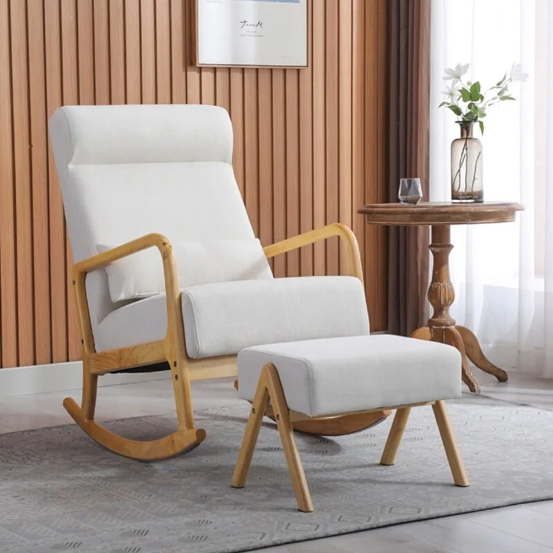 White Linen High Back Rocking Chair with Ottoman, 1 Person