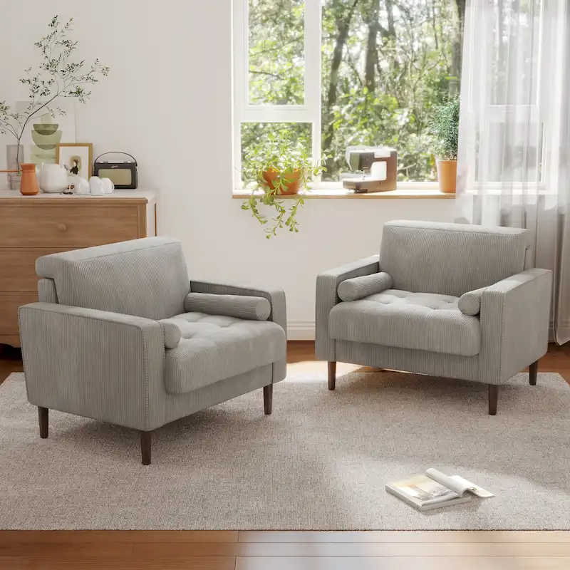 Oversized Corduroy Accent Chair with Button-Tufted Seat, Square Armrests & Tapered Wood Legs – Light Gray / Navy Blue / Green / Beige / Gray / Yellow